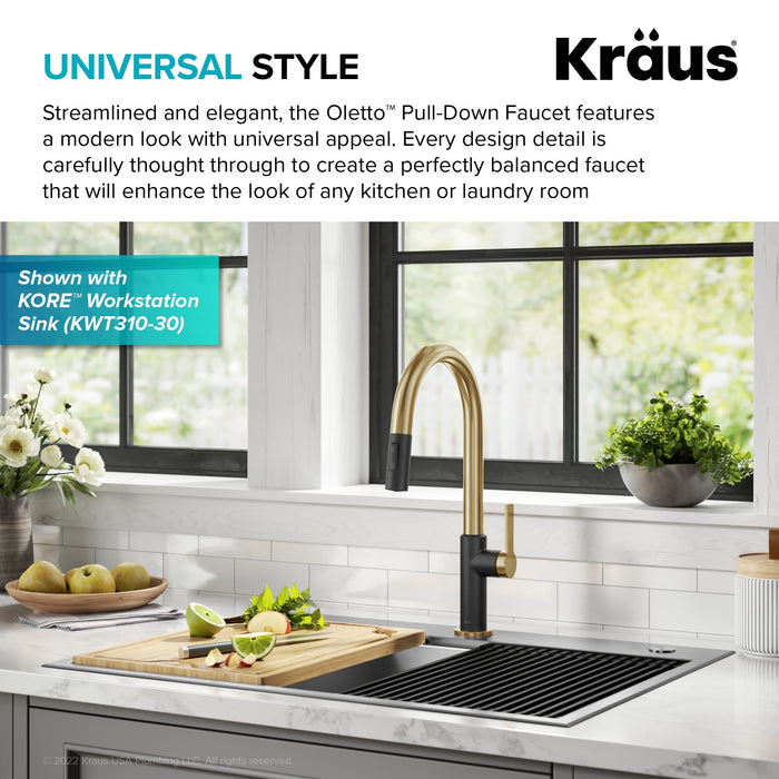 KRAUS Oletto Single Handle Brushed Brass & Matte Black Pull-Down